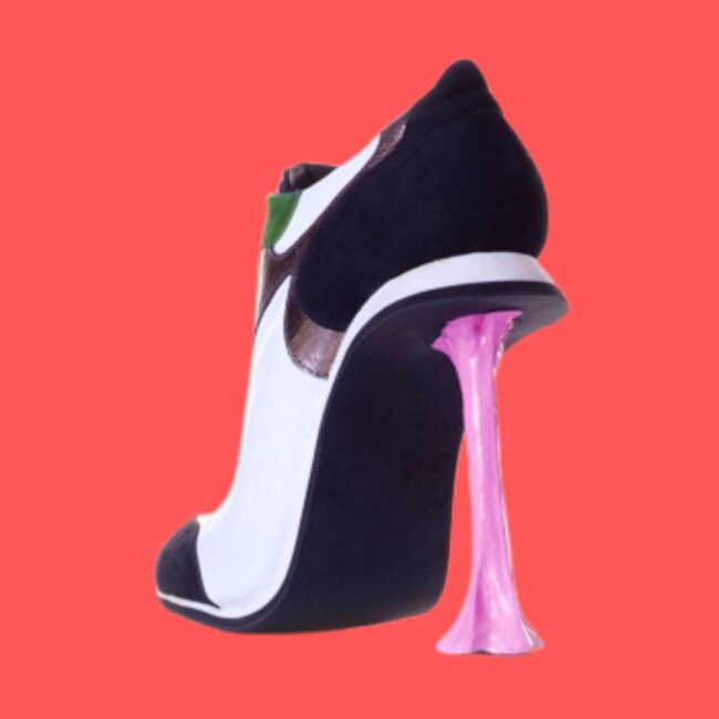 Part of a selection of shoes by Israeli shoe designer, Kobi Levi. On a pink red background. Source: kobilevidesign.com