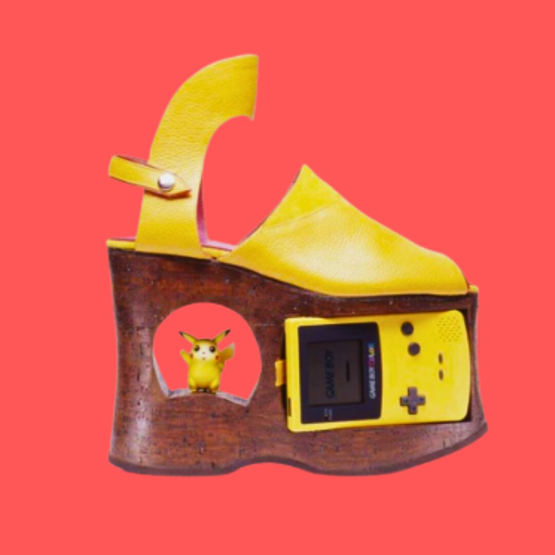 SteppingUp_Feature_Image_3 Part of a selection of shoes by Israeli shoe designer, Kobi Levi. On a pink red background.